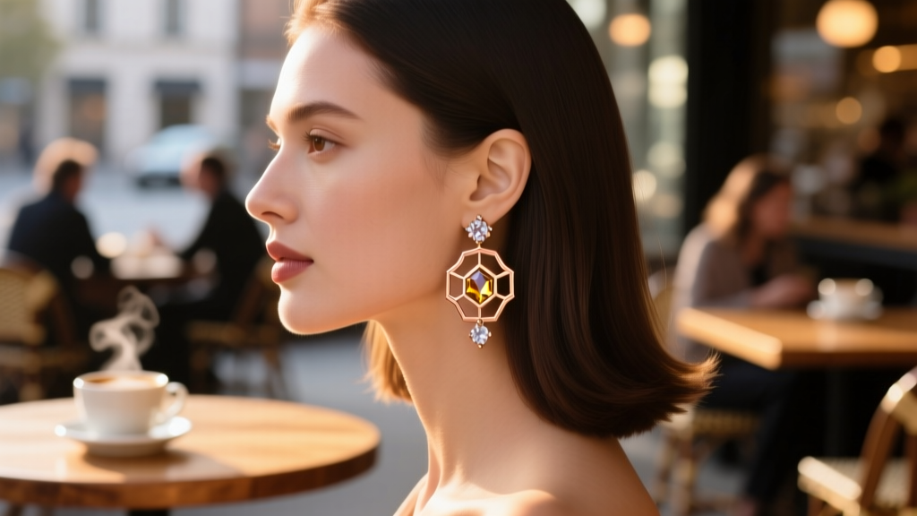 Woman wearing rose gold honeycomb drop earrings with citrine accents, profile view against a blurred cafe background in warm light.
