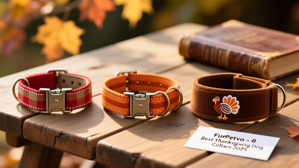 Close-up of three FurPetVo Thanksgiving collars laid side by side: a red-and-khaki plaid, a burnt-orange striped version, and a brown corduroy style with a tiny embroidered turkey