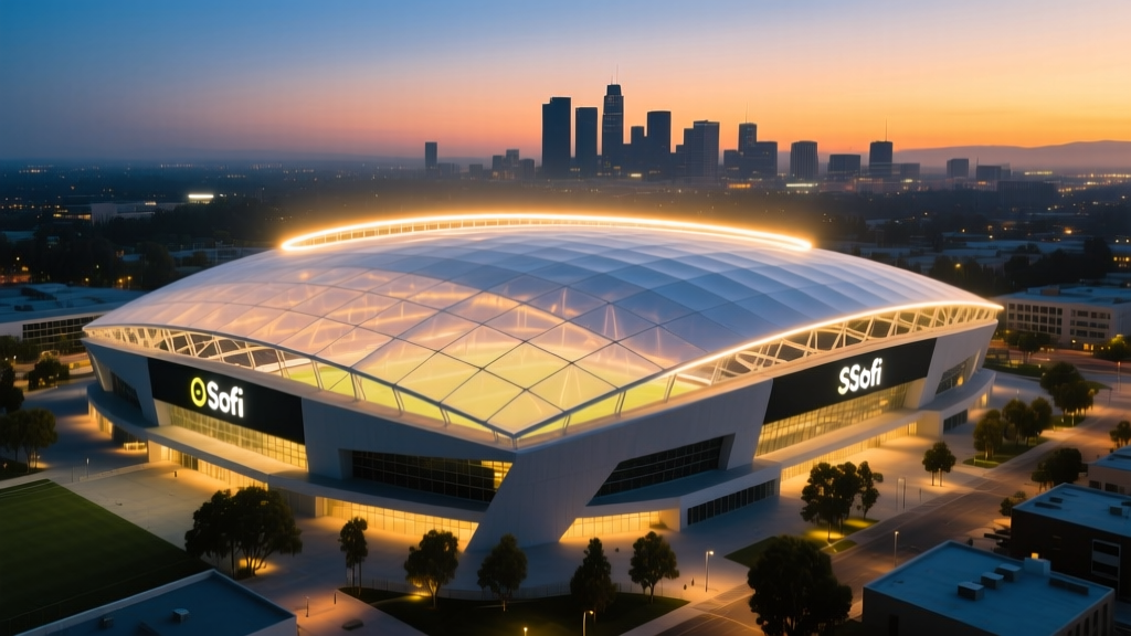 Aerial view of SoFi Stadium massive translucent ETFE roof canopy and glowing halo board illuminating the Inglewood skyline at dusk