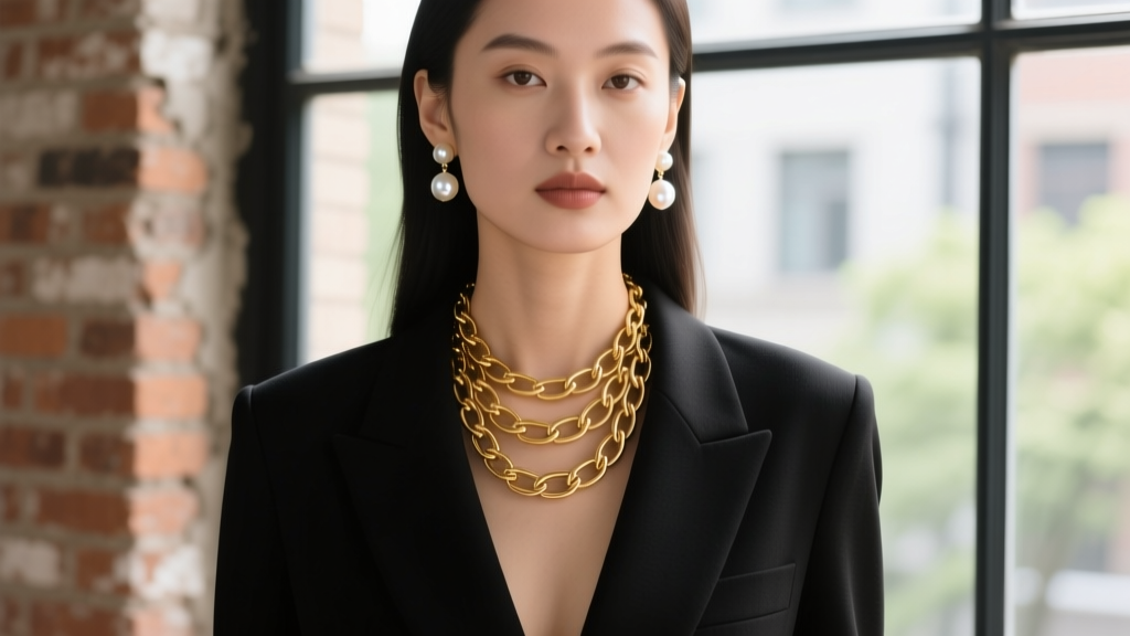 Modern woman wearing a layered Maejean vintage gold-link chain necklace and glass pearl earrings with a minimalist black blazer.