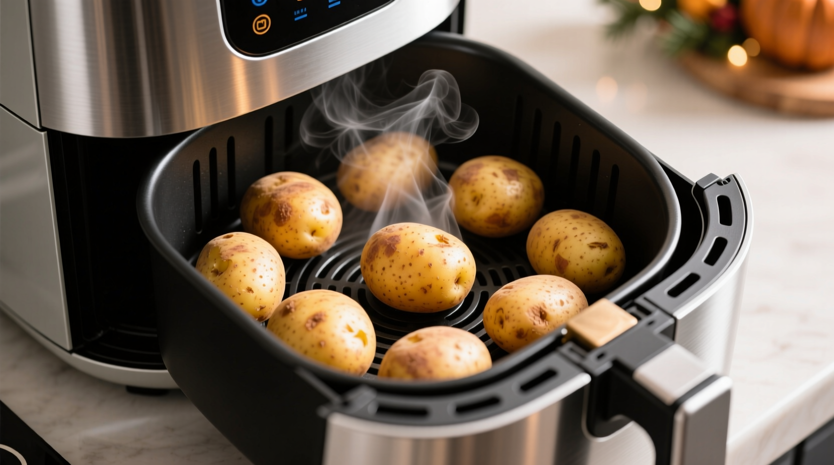 Holiday cooking context: Air fryer basket with evenly spaced russets freeing oven space during Thanksgiving meal prep