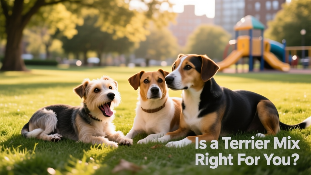 A diverse group of terrier mixes — small, medium, and large — relaxing together in a grassy park