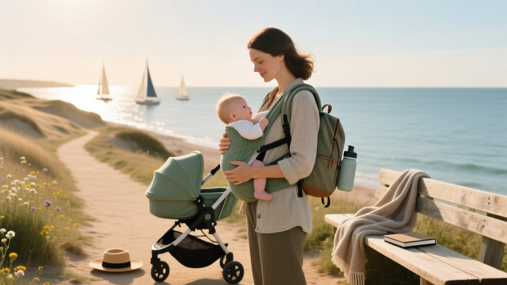 A woman holding her baby standing near the ocean