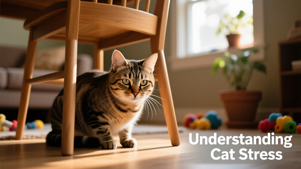 A tabby cat hiding under a piece of furniture, ears flattened and body tense