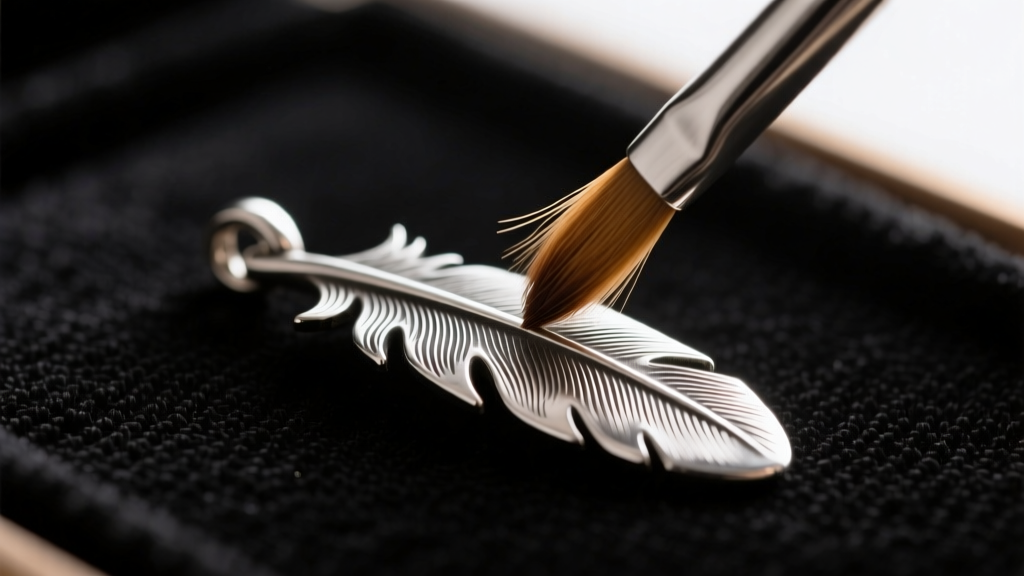 A soft horsehair jewelry brush gently cleaning the intricate grooves of an oxidized sterling silver feather pendant on dark mat.