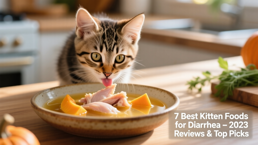 Kitten eating from a shallow dish filled with tender chicken shreds and pumpkin in clear broth