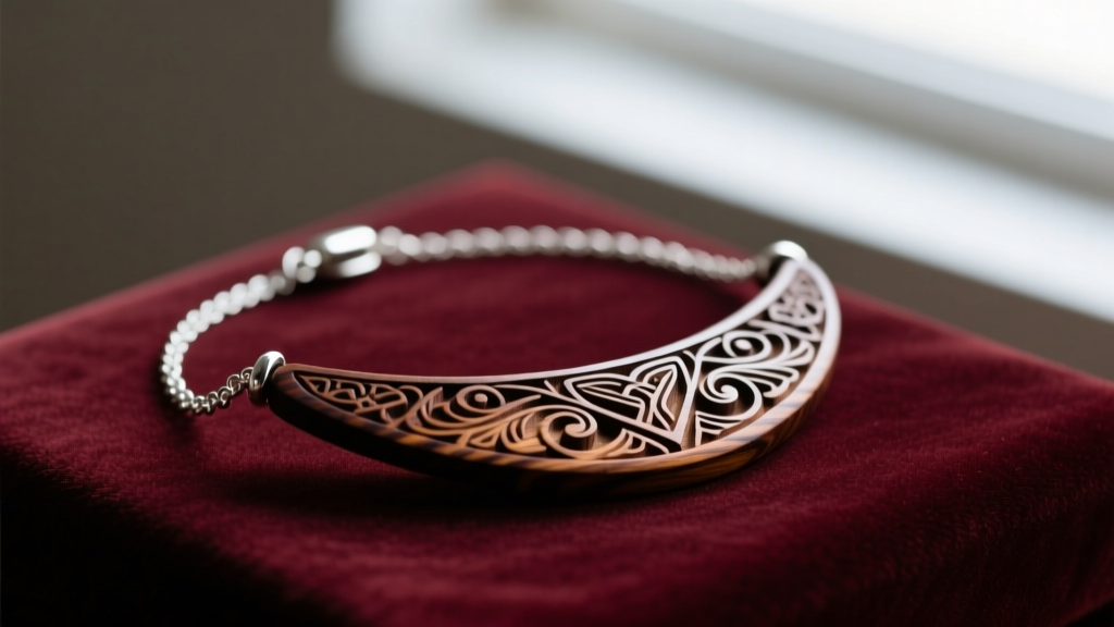 Hand-carved dark wood japor snippet necklace on velvet, soft light showing carved details and a delicate silver chain attachment.
