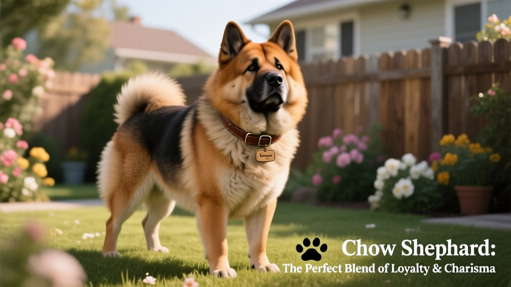 A confident adult Chow Shepherd standing alert outdoors, showcasing its thick double coat and strong build