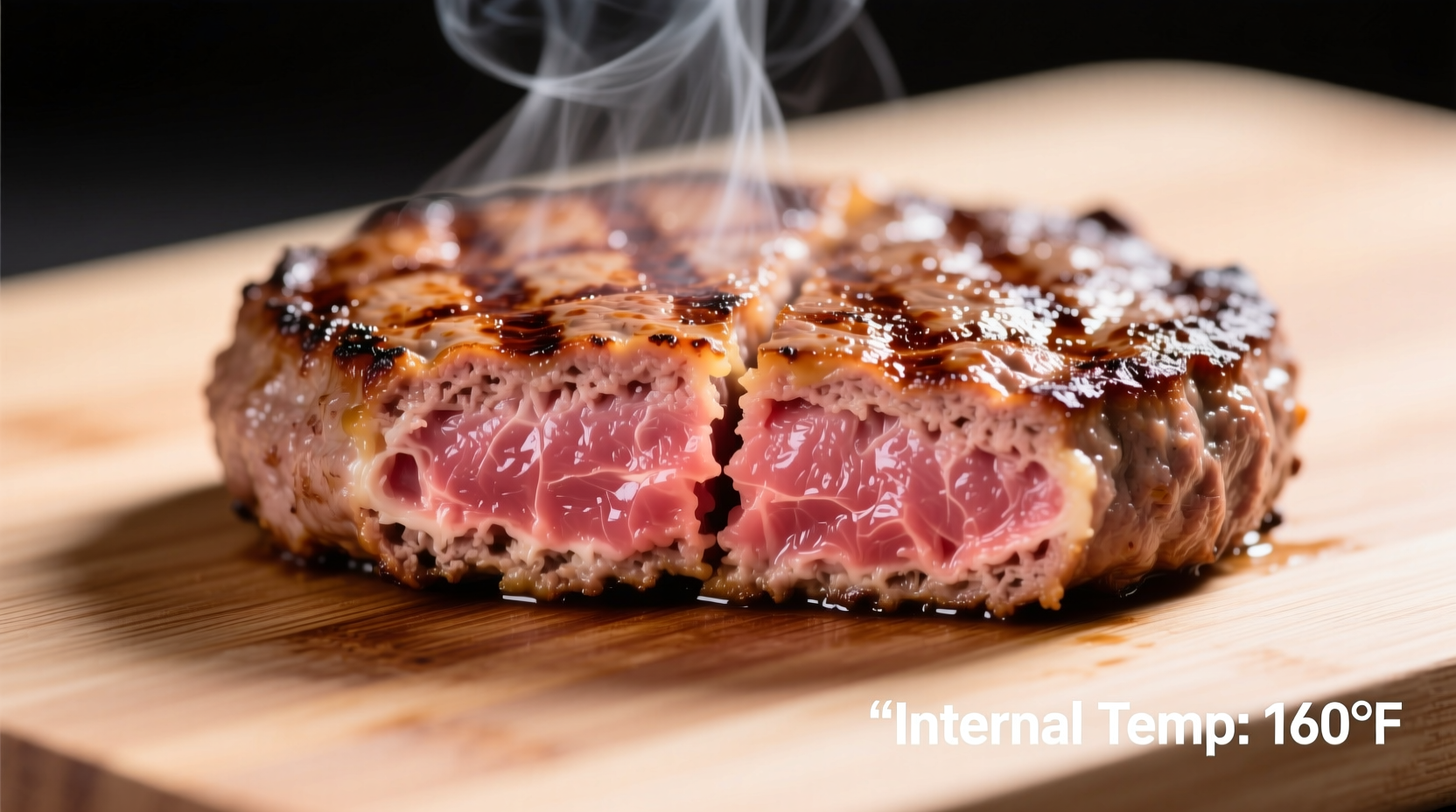 Hamburger patty showing proper internal temperature reading