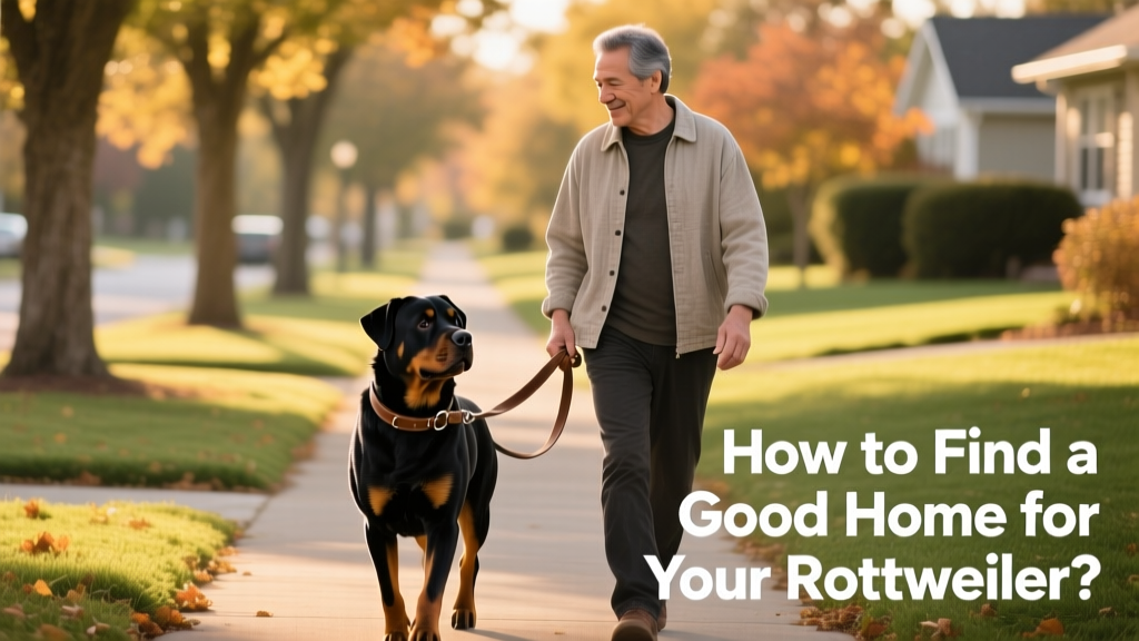 A Rottweiler confidently walking on leash beside a person in a quiet neighborhood park