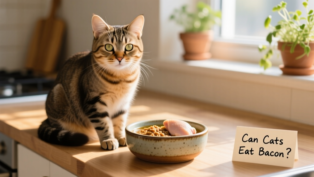 A happy, healthy cat sitting beside a bowl of vet-approved cat food and a small portion of plain cooked chicken