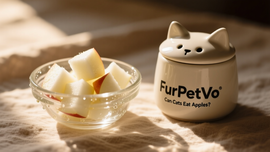 A bowl of small, peeled apple cubes beside a cat treat jar labeled FurPetVo
