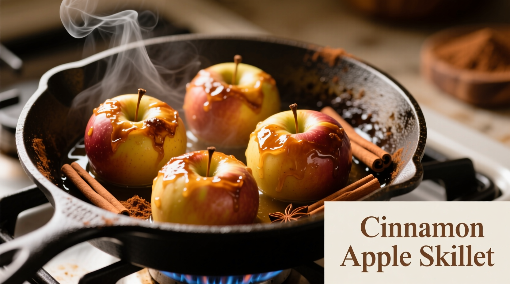 Freshly cooked apples in a skillet with cinnamon