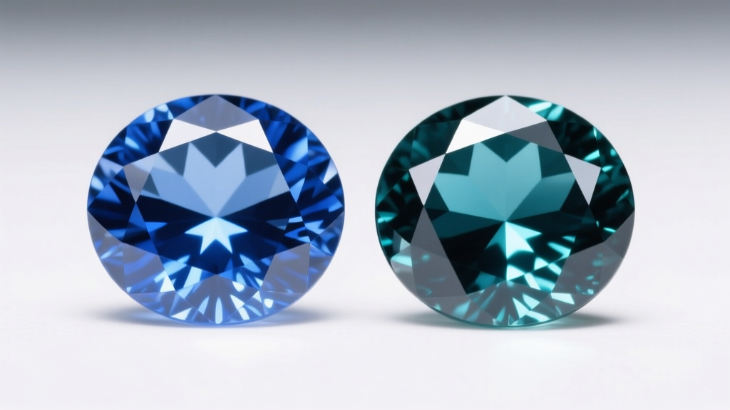 Macro comparison of a vivid cornflower Ceylon sapphire and a darker metallic teal Montana sapphire under bright studio lighting.