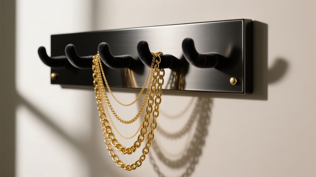 Matte black steel wall mounted necklace organizer with velvet-lined hooks holding layered gold chains under soft studio lighting