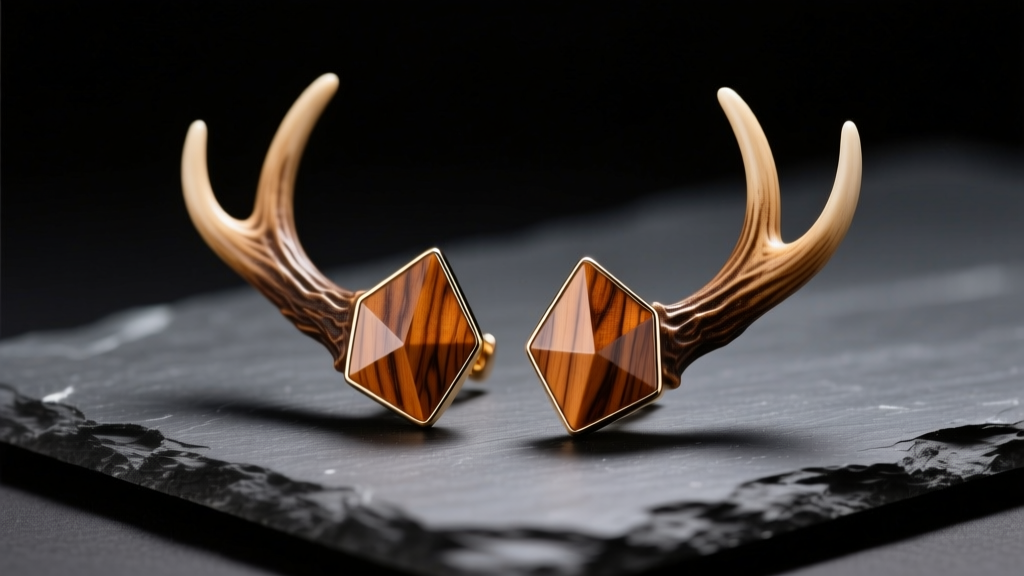 Polished deer antler earrings on dark slate, highlighting natural grain and carved geometric facets under soft studio lighting.