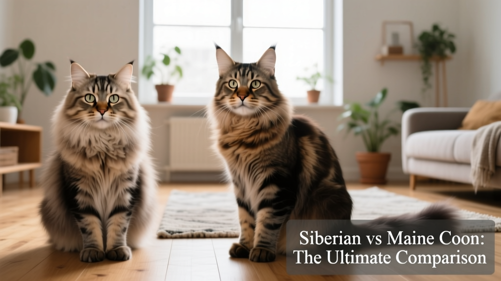 Side-by-side comparison showing a Siberian cat on the left and a Maine Coon on the right, highlighting their size and facial structure