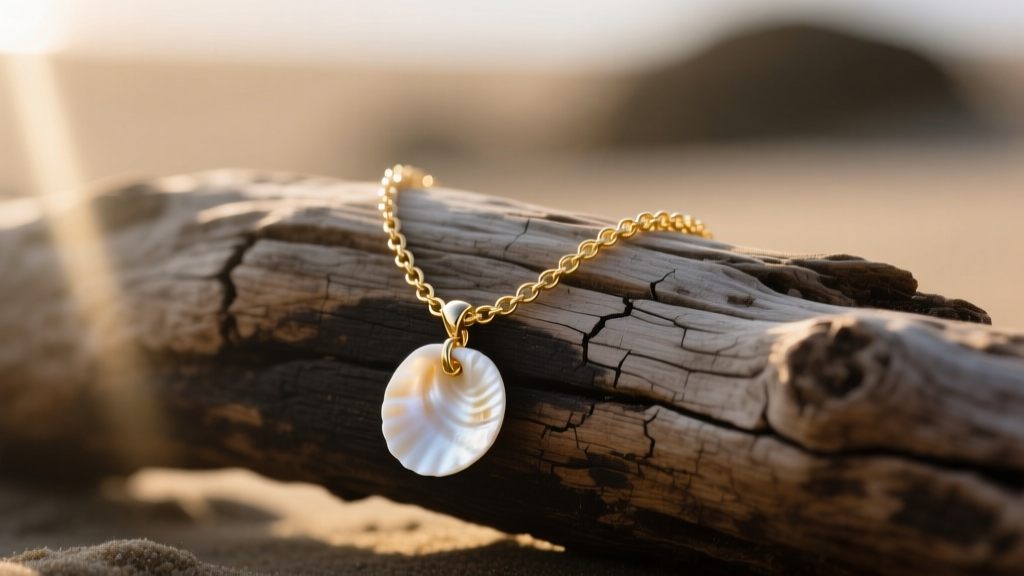 Delicate gold chain with a polished white puka shell charm resting on raw driftwood, illuminated by soft natural morning light
