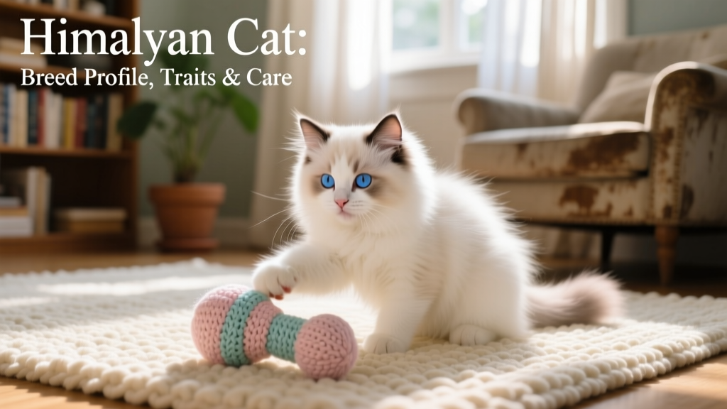 Himalayan kitten playing gently with a soft fabric toy on a cozy rug