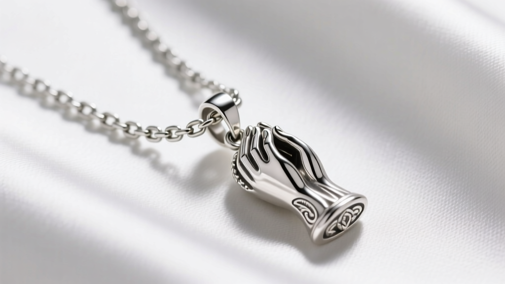 Macro shot of a 1.5mm steel box chain threading through the hidden bail of a sterling silver praying hands pendant on white silk.