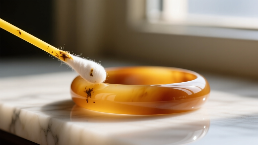 Yellow-stained cotton swab after testing a 1940s butterscotch Bakelite bangle edge with Simichrome polish under bright light