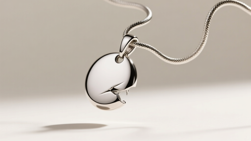 Photograph of a heavy silver pendant flipping upside down on a snake chain, highlighting a poorly placed top-drilled bail hole.