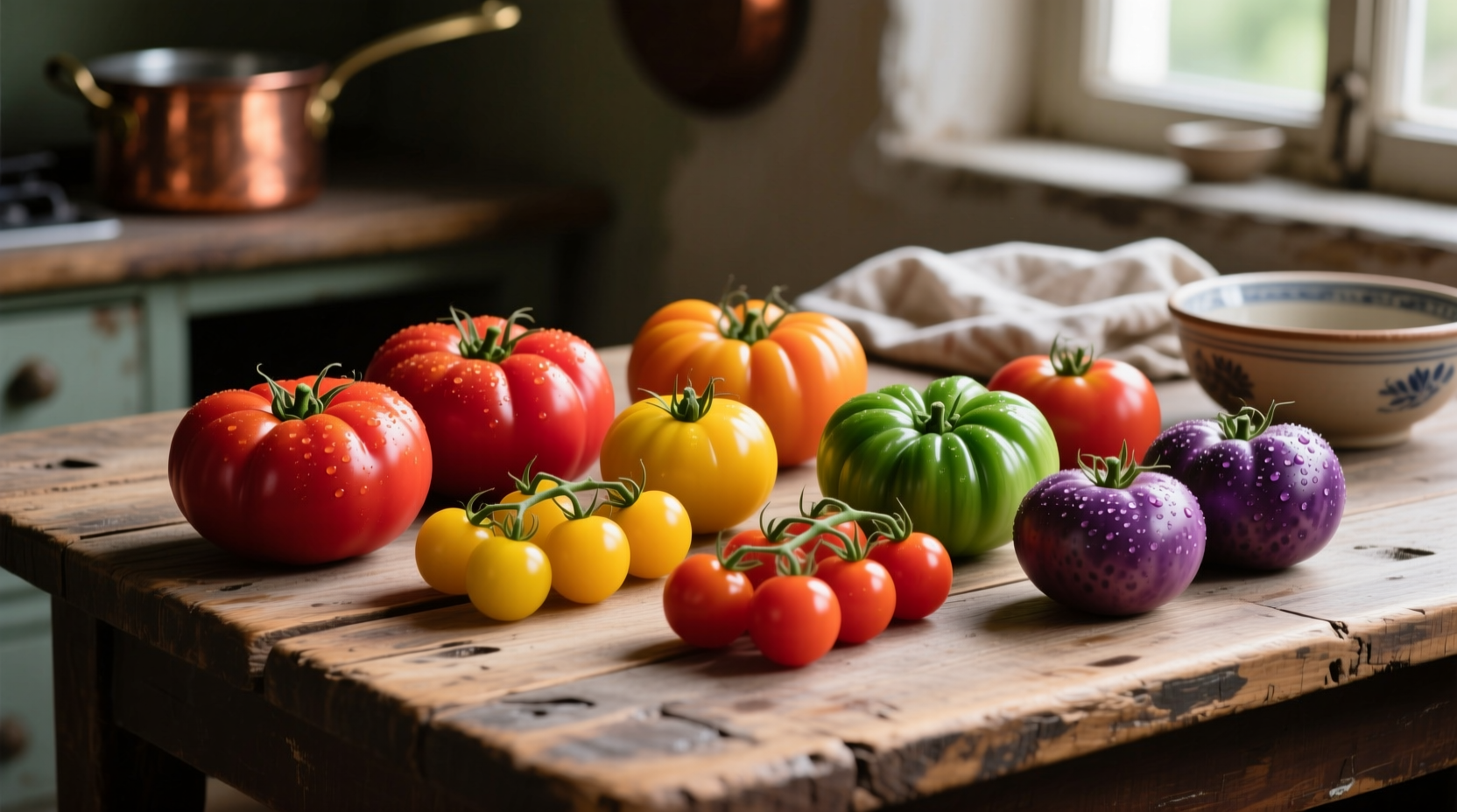 Fresh tomatoes arranged by variety on wooden table