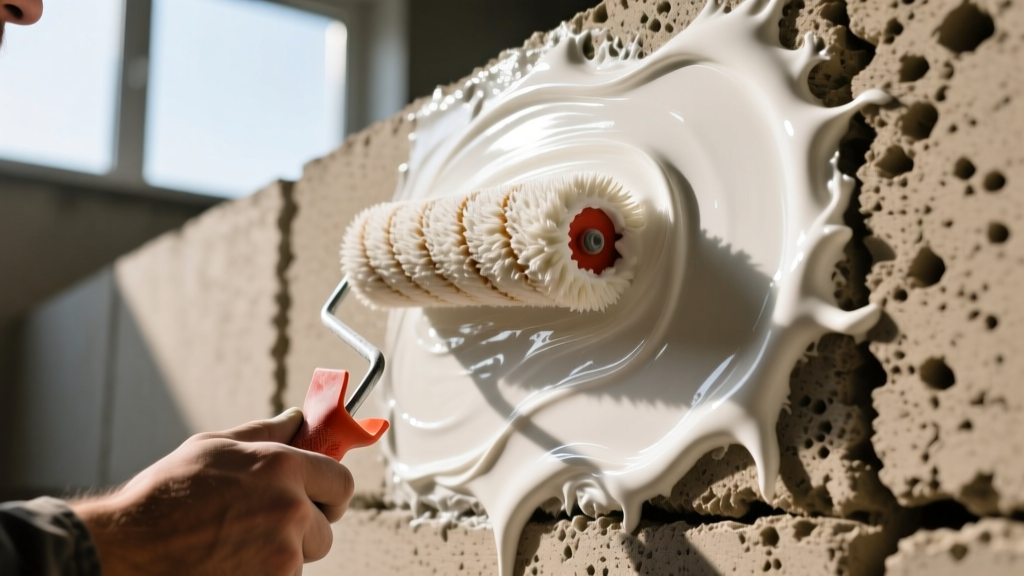 Close-up of a roller applying a thick, white elastomeric thermal coating onto a textured autoclaved aerated concrete block exterior wall