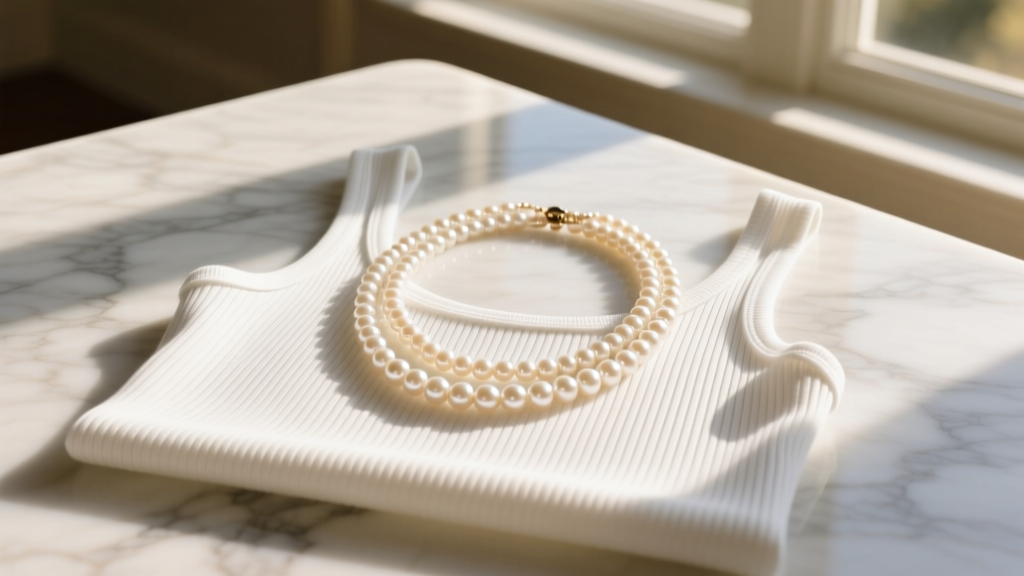 Flatlay of a white ribbed tank top and layered 16-inch Akoya pearl necklace on a marble surface bathed in warm California sunlight