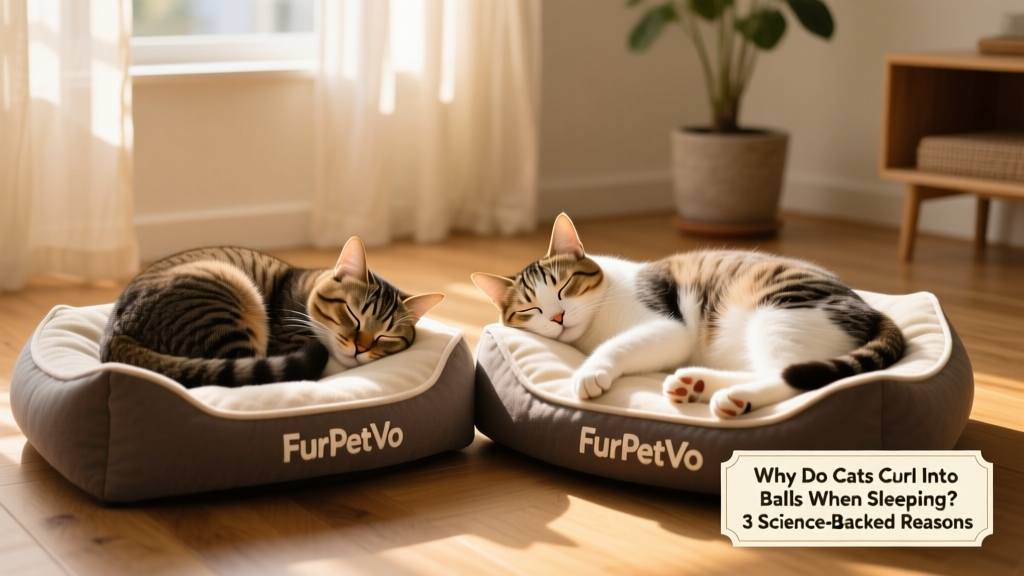 Two cats sleeping side by side—one curled tightly, one partially stretched—in matching FurPetVo beds