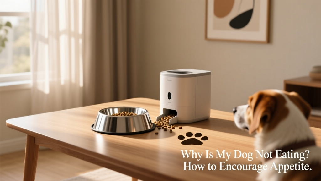 A clean, quiet feeding station with stainless steel bowl, automatic feeder, and soft lighting—showing ideal calm environment for dog meals