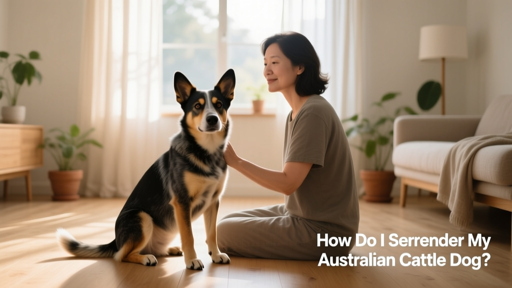 Australian Cattle Dog sitting calmly beside a person in a quiet, well-lit room