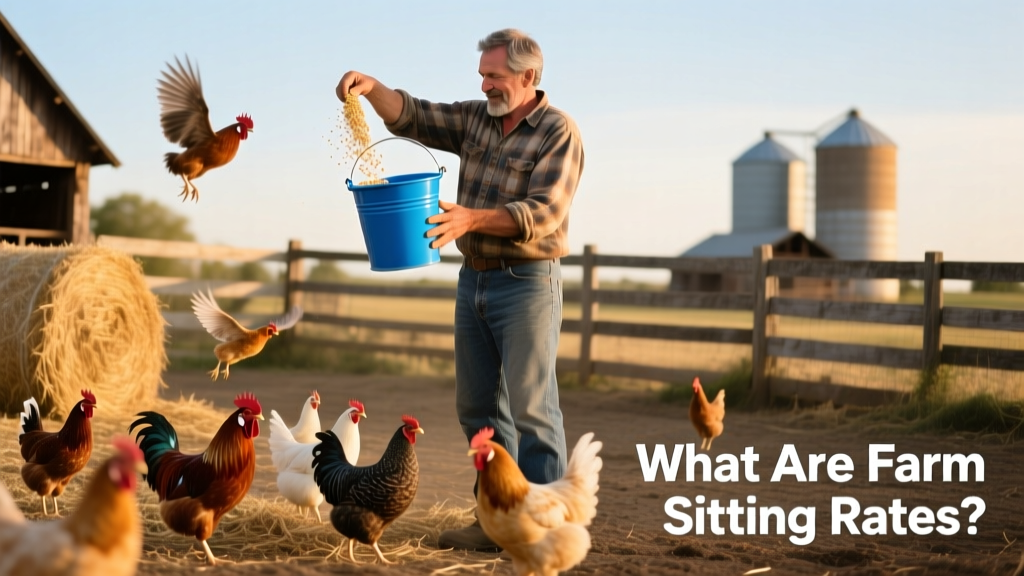 A person holding a blue bucket, scattering chicken feed for a group of chickens in a barnyard setting
