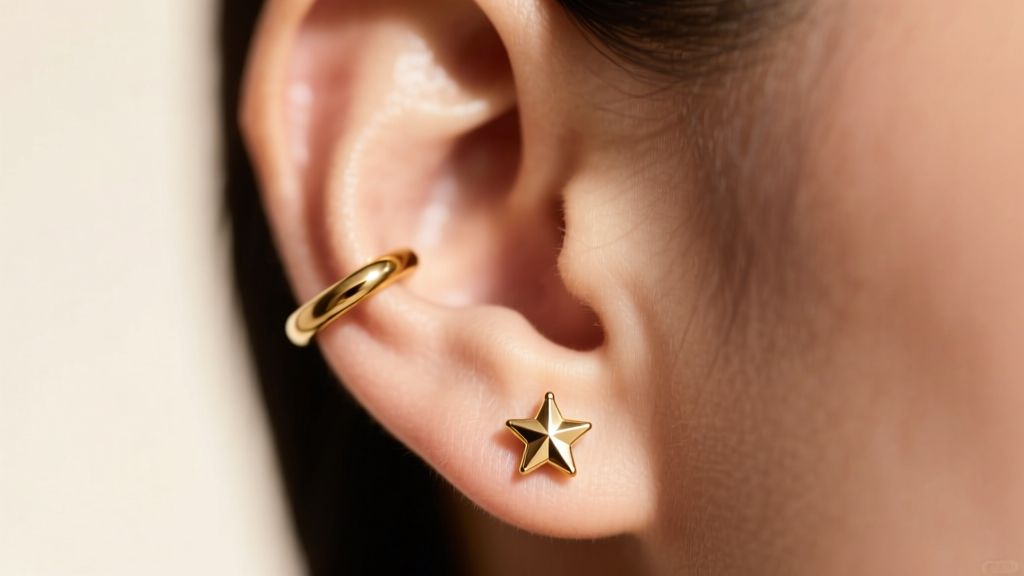Macro ear shot of a 6mm gold hoop in the first lobe and a 3mm star stud in the second piercing under warm, diffused lighting.