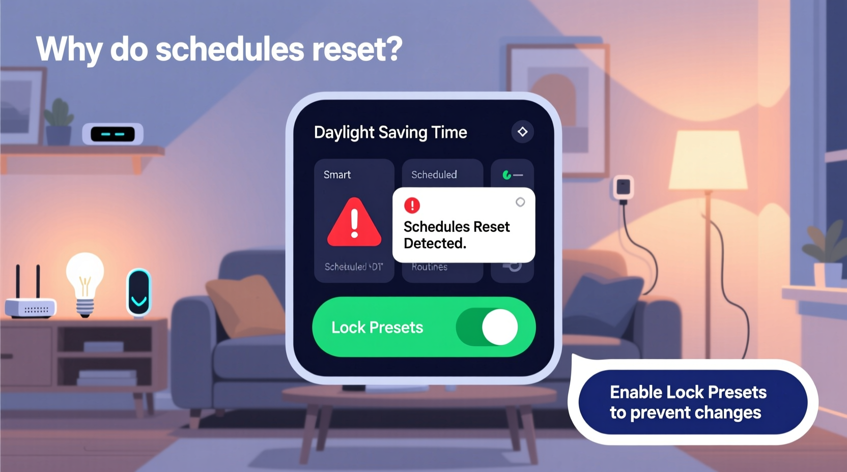 why does my smart lighting system reset all schedules after daylight saving time and how to lock presets