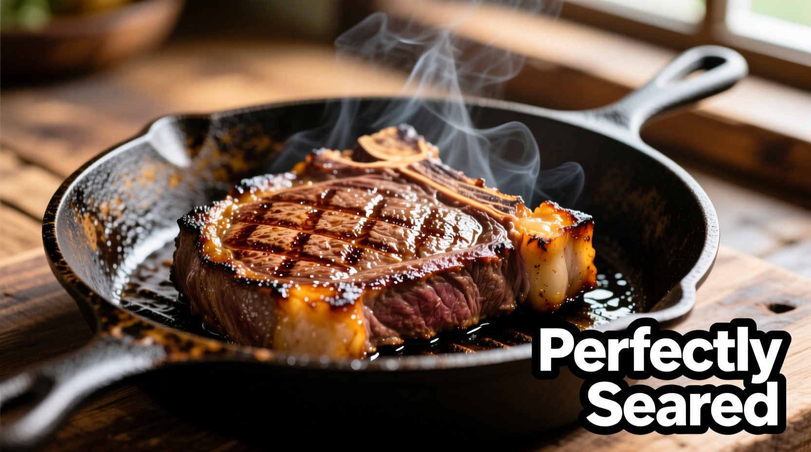 Perfectly seared chuck steak in cast iron skillet