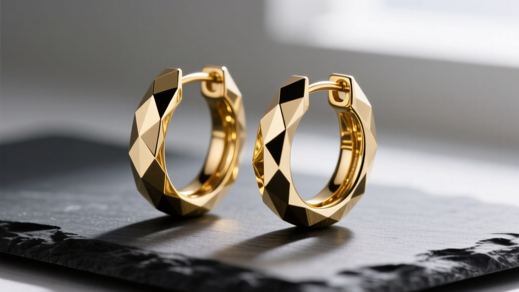 Macro shot of 14k gold diamond cut hoop earrings on dark slate, highlighting faceted metal reflections and sharp geometric edges.