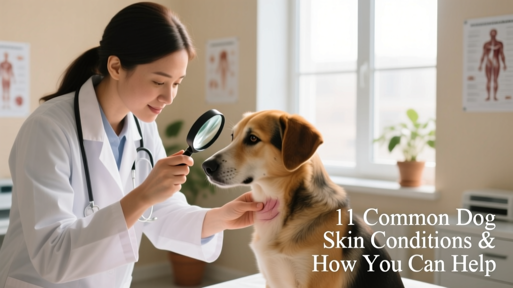 Veterinarian gently examining a dog's skin while holding a magnifying tool, with calm, supportive body language