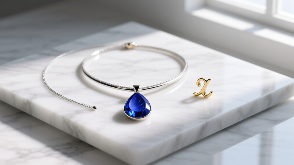 Flat lay of layered necklaces featuring a lapis lazuli teardrop pendant, a thin silver chain, and a gold initial charm on marble