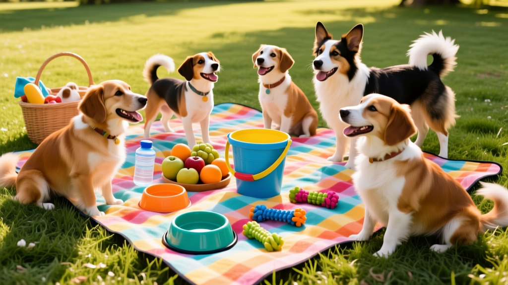 A colorful picnic blanket spread on grass with dog-safe fruits, water bowls, chew toys, and several happy dogs socializing