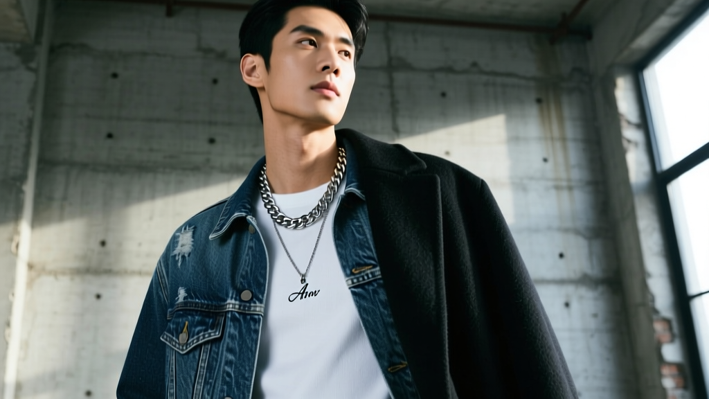 Male model in layered streetwear featuring a 12mm Cuban link chain and an A Minor pendant against a moody concrete urban backdrop.