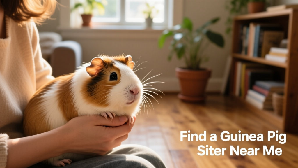 A calm guinea pig being gently held by a caring pet sitter