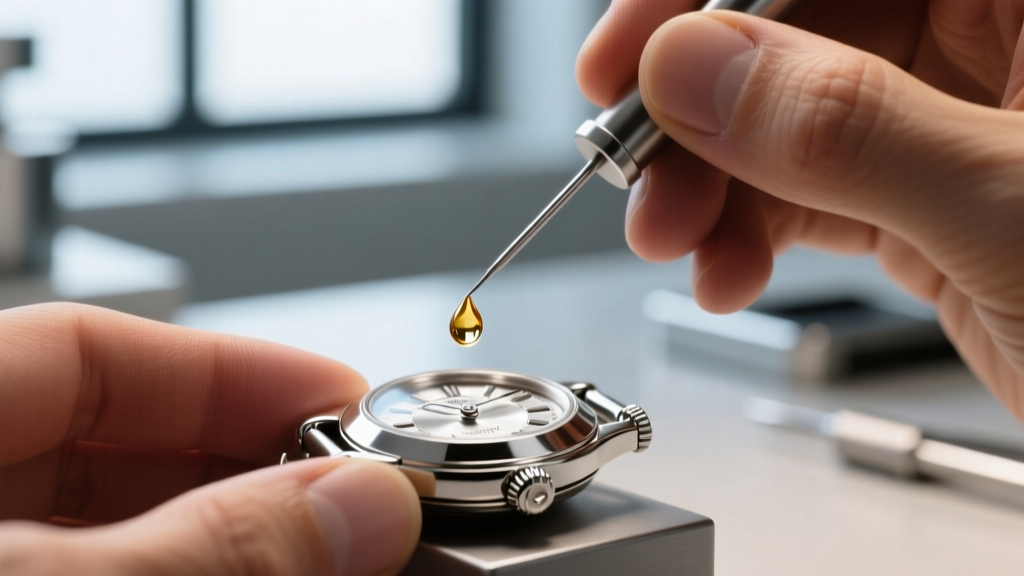 Close-up of a jeweler using a fine needle to apply a micro-drop of synthetic watch oil to a sterling silver lobster clasp trigger