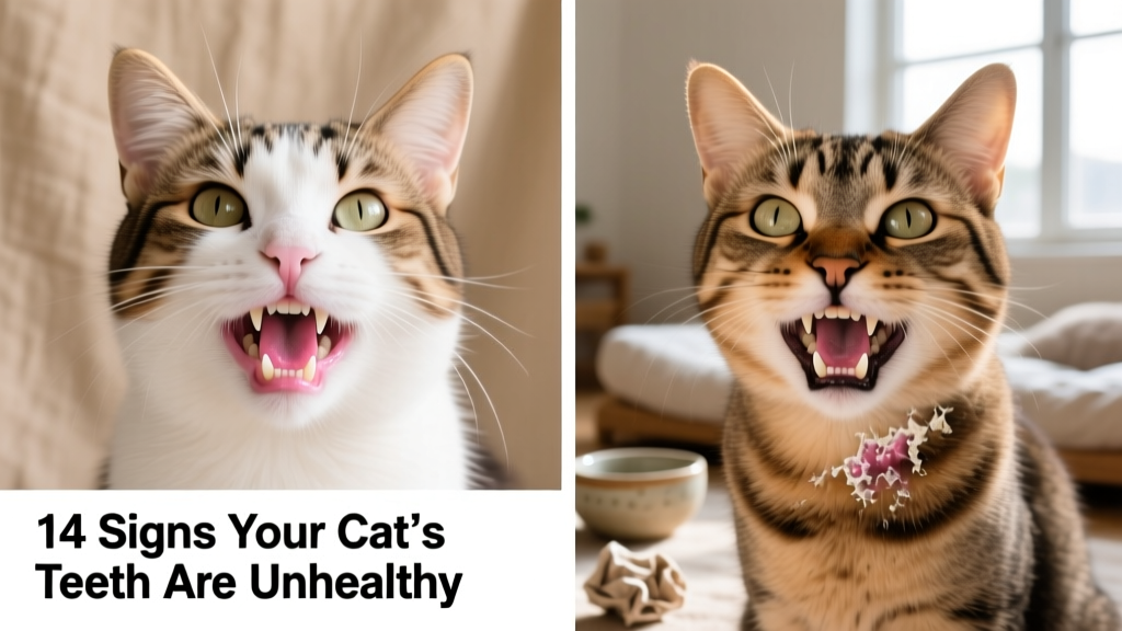 Side-by-side comparison: healthy cat teeth vs. teeth showing early signs of resorption and tartar buildup