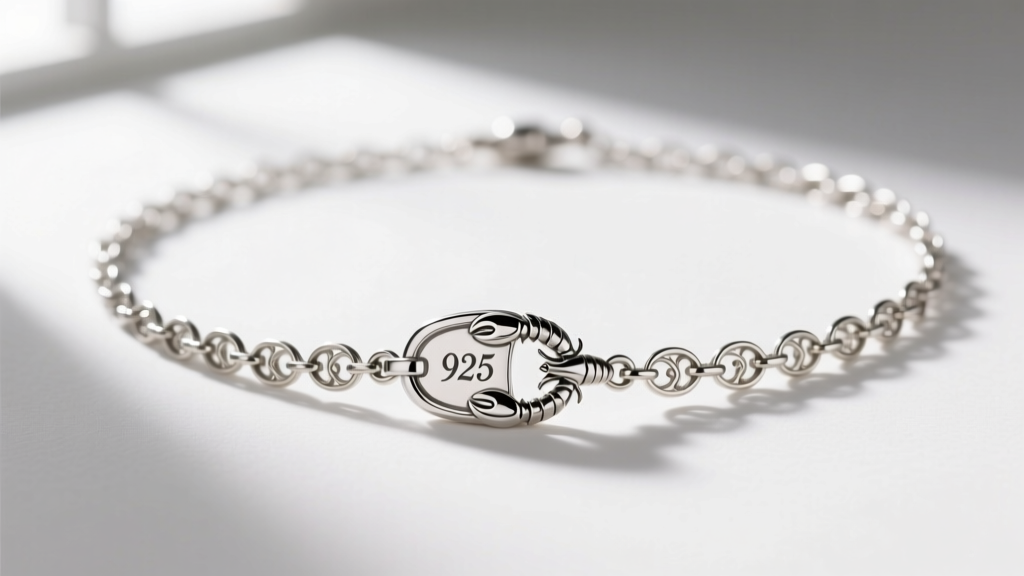 Close-up of a 925 silver hallmark and a rhodium-plated lobster clasp on a delicate replica Regency-era chain necklace.