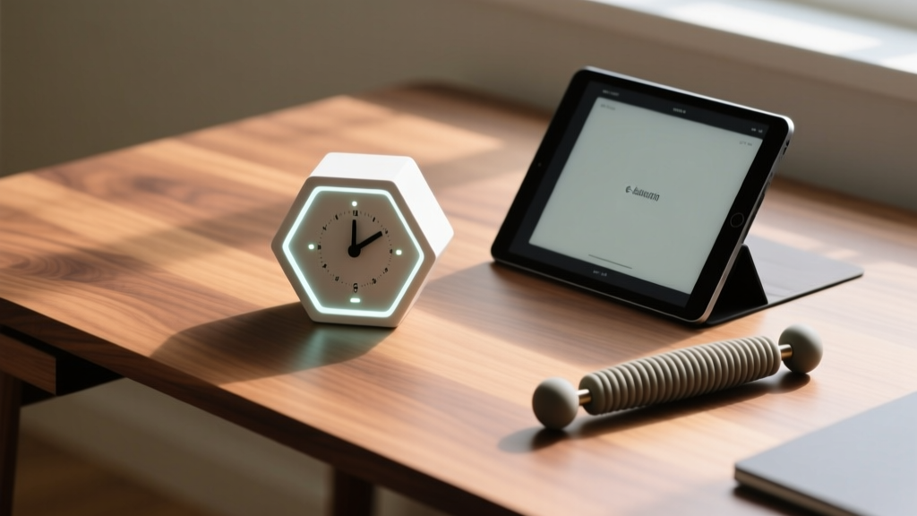 A neatly organized wooden desk featuring a visual hexagon timer, e-ink tablet, and sensory roller for neurodivergent focus.