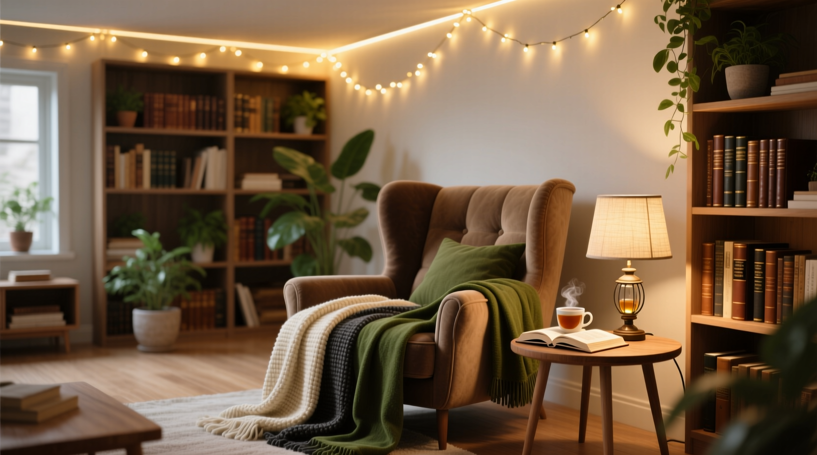 how to create a cozy reading nook with fairy lights and throws