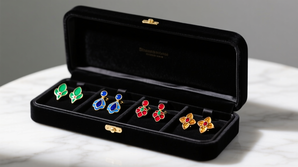 Velvet-lined jewelry box displaying separated enamel novelty earrings, safely stored away from direct sunlight and dust.