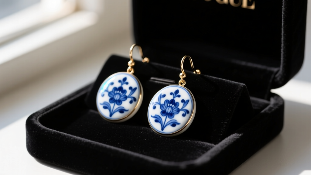Macro photography of vintage Wedgwood-style blue and white porcelain china earrings resting on a dark velvet jewelry display tray