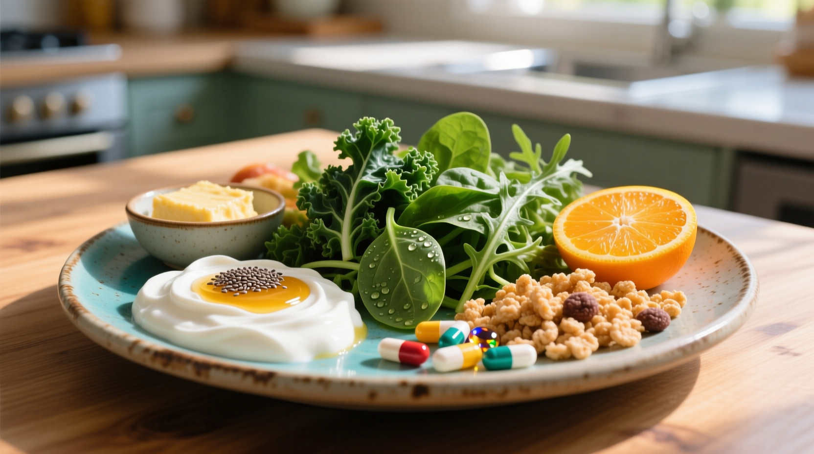 Colorful plate with dairy, leafy greens, and fortified foods